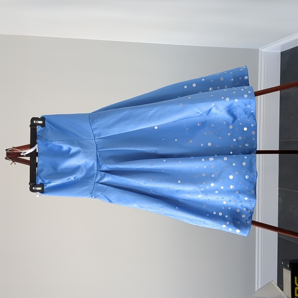 David's Bridals blue strapless flare bridesmaids dress with sequins